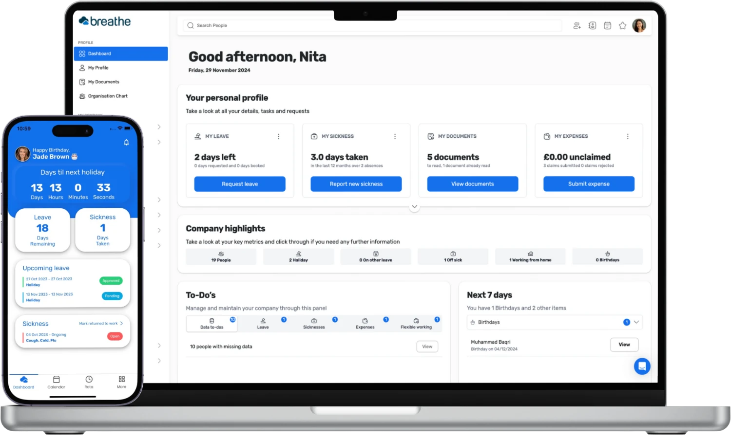 The Breathe HR dashboard shown on a laptop and mobile app, with leave, sickness, documents and company highlights
