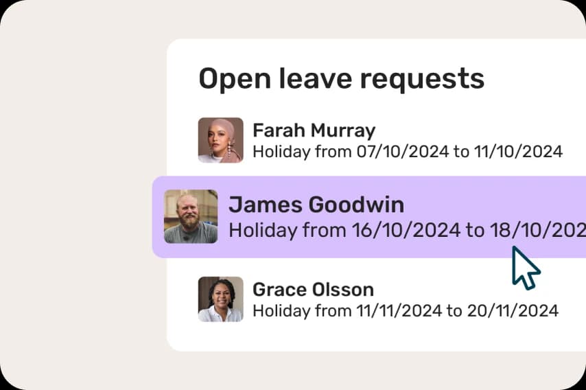 Breathe HR open leave requests list showing staff holiday dates