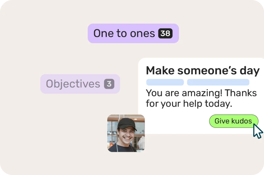 Breathe HR performance view showing one-to-ones, objectives and a kudos message